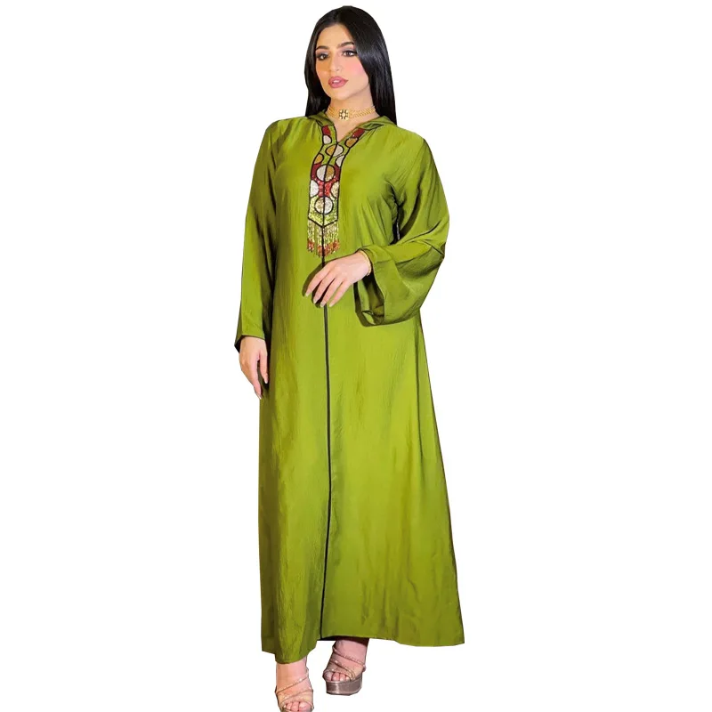 Robe Femme Musulmane New Green Middle East Luxury Beaded Robe Jalabia Muslim Dress Hooded Abayas for Women Dubai