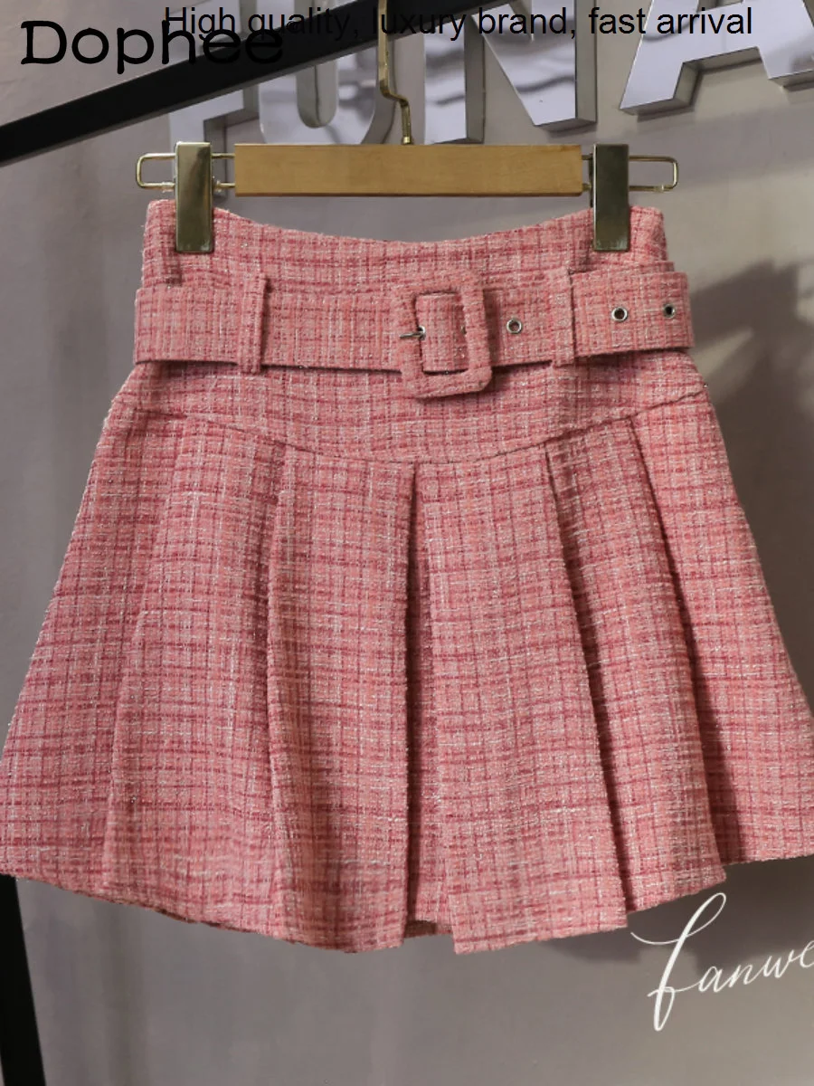 

Pink Preppy Style Tweed Pleated Shorts Women 2023 New Autumn Winter Faldas High Waist Slimming A- Line Woolen Mini Skirt