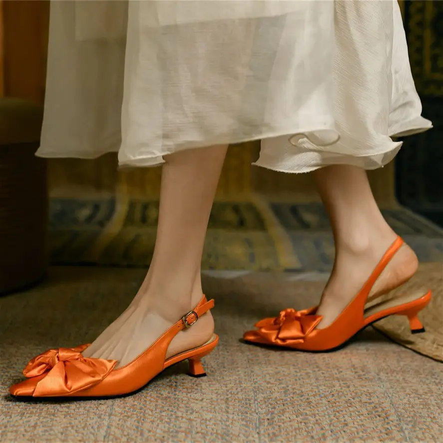Sexy Party Pumps Women Satin Bow Pointed Toe Kitten Heel Sandals Shallow Slingback Wedding Evening Shoe