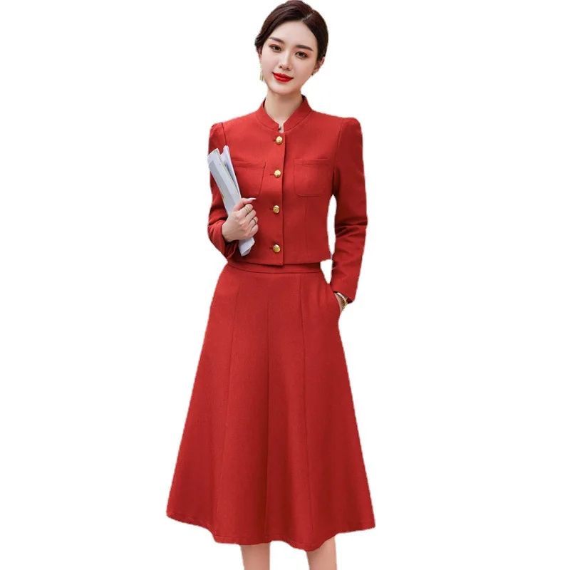 

Elegant Ladies Formal Skirt Suit Women Gray Red Green Black Long Sleeve Two Piece Set for Spring Autumn Business Work Wear