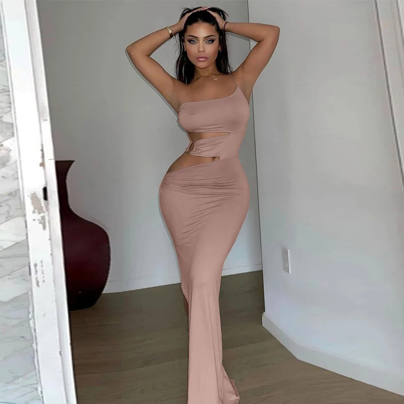 

Dress For Women Beach Cover Up Kaftan Wear 2022 Summer New Pure Color Inclined Sexy Backless Slim One Shoulder Vents Solid