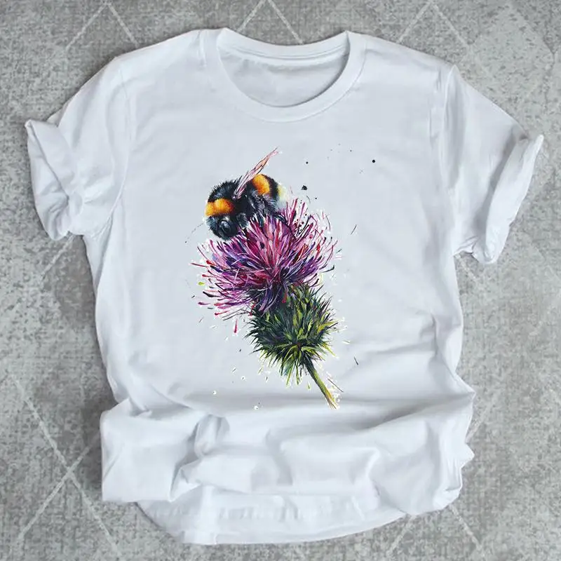 

Women Shirt Bee Flower Watercolor 90s Print Summer T-shirts Female Graphic T Top Short Sleeve Fashion Cartoon Tee T-Shirt