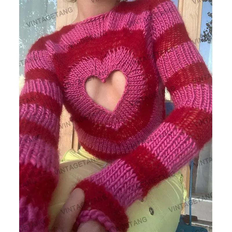 

Hikigawa Chic Fashion Women Vintage Y2k Hollow Love Sweater Streetwear Sweet Cool Pink Striped Knirwear Pull Femme Top Mujer