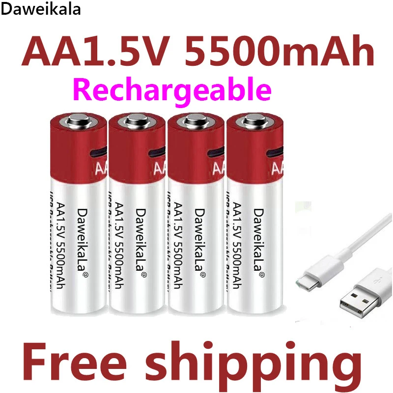 

2023 New AA USB Rechargeable Li Ion Battery 1.5V AA 5500mah / Li Ion Battery Watch for Toys MP3 Player Thermometer Keyboard TOYS