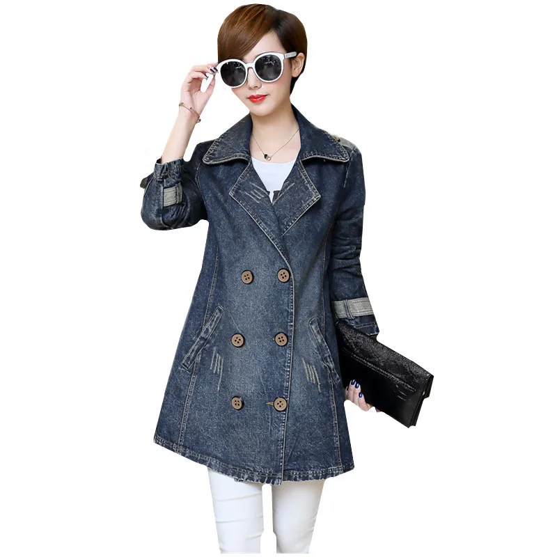 

New Loose Size Denim Jacket Women Mid-Length Double-Breasted Jeans Coat Fashion Female Autumn Outwear Abrigos