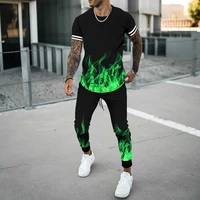 summer 2 piece sets sport tshirts joogers mens tracksuit colored flame pattern 3d printed short sleeved t shirt trousers casual