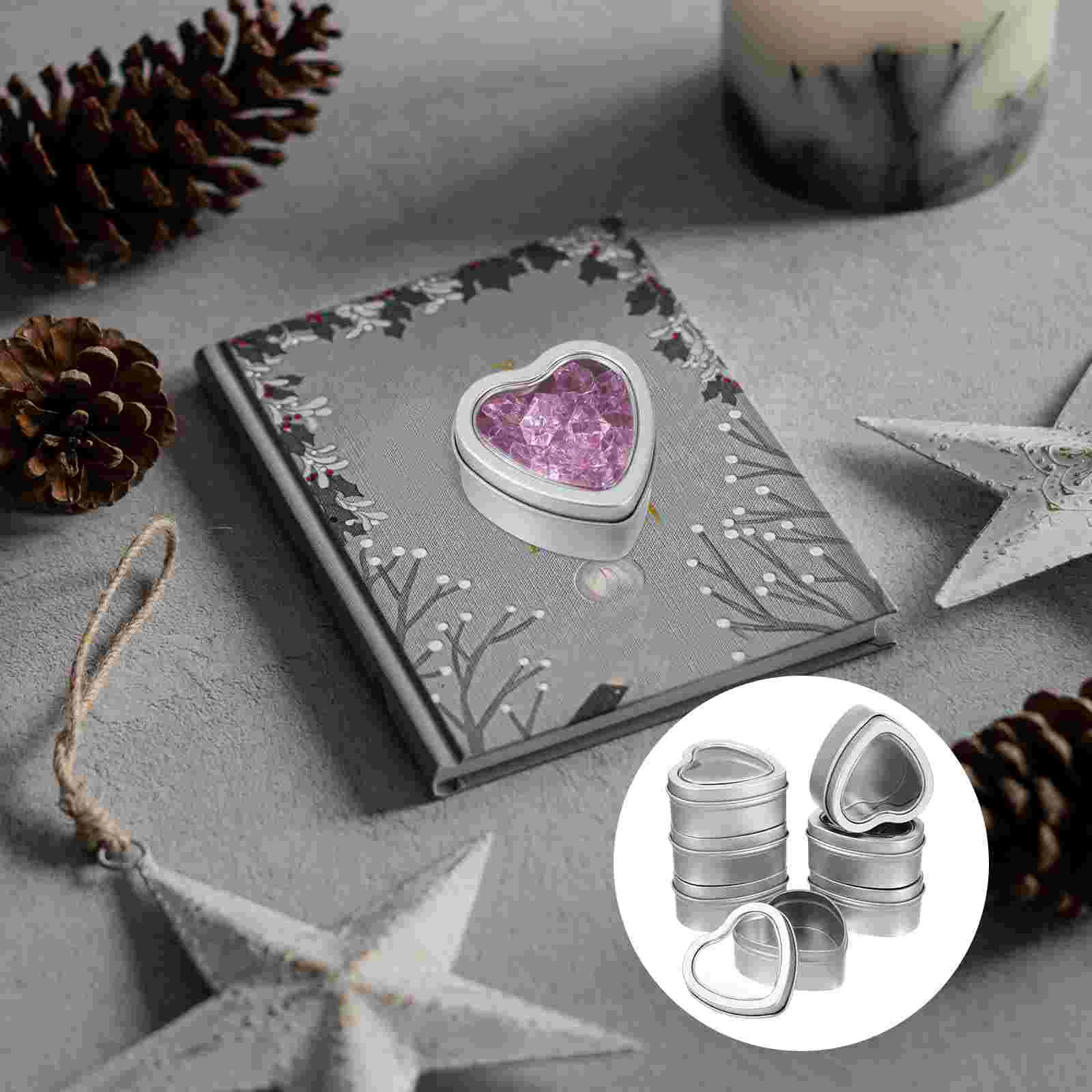 

12 Pcs Silver Heart-Shaped Window Glass Container Lid DIY Container Cup Jar Tin Tinplate Tea Lights