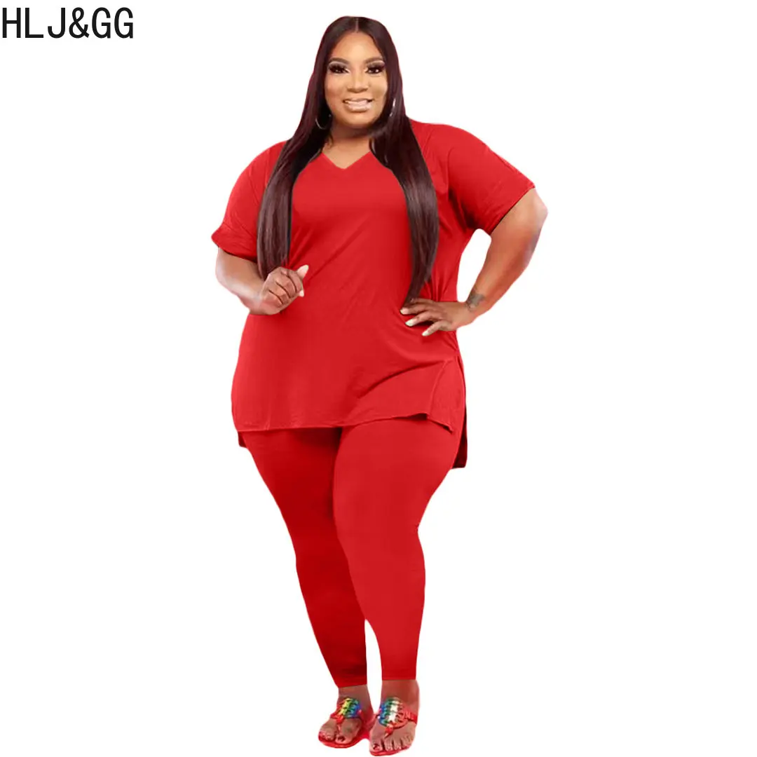HLJ&GG Casual Solid Color Matching Tracksuits Plus Size Women V Neck Short Sleeve Top And Skinny Pants Two Piece Sets Outfits