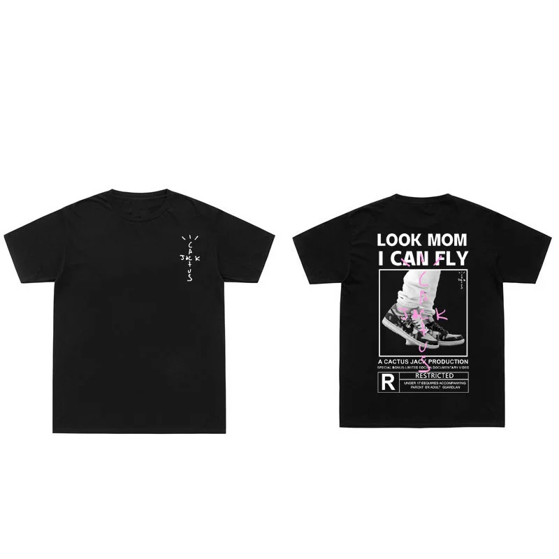 

Classic Vintage Black White LOOK MOM I CAN FLY Travis Scott Print T-shirt Fashion New Men Women Cotton Cactus Jack T Shirts