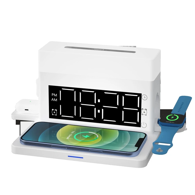 

1 PCS Qi Fast Wireless Charger Stand 15W 4In1 For Iphone 13 12 11 XR LED Light Lamp With Alarm Clock For Iwatch White