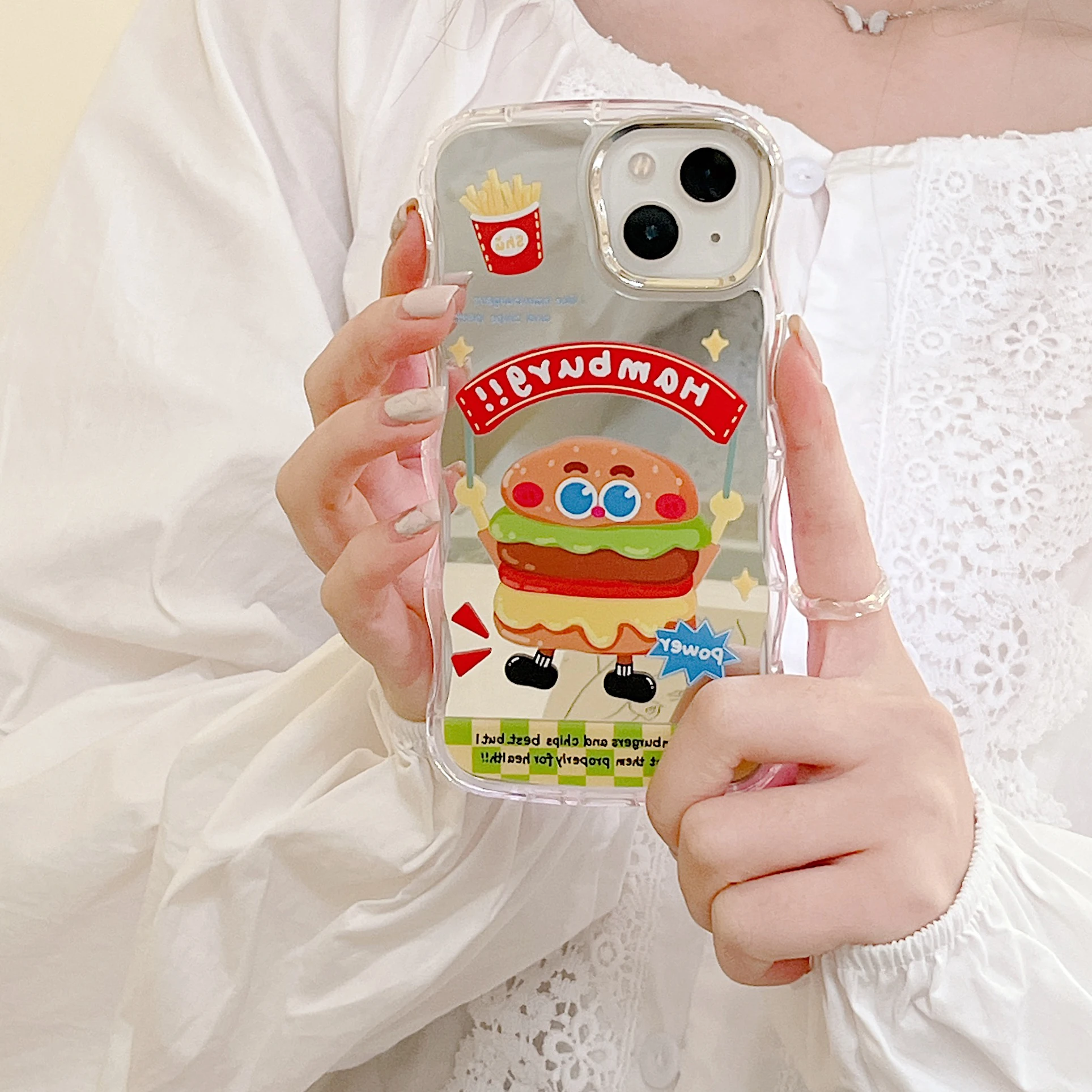 

Cartoon Fries Hamburger Mirror Case for IPhone 14 13 12 11 Pro Max Protection Shockproof Anti-Scratch Fashion Cover Korea INS