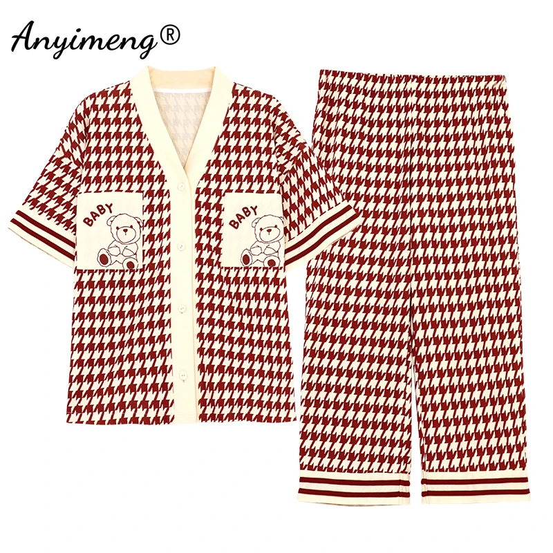 

New Summer Fashion Kimono Pajamas Set Soft Cotton Sleepwear for Young Girls Kawaii Bear Printing Houndstooth Women's Homesuit