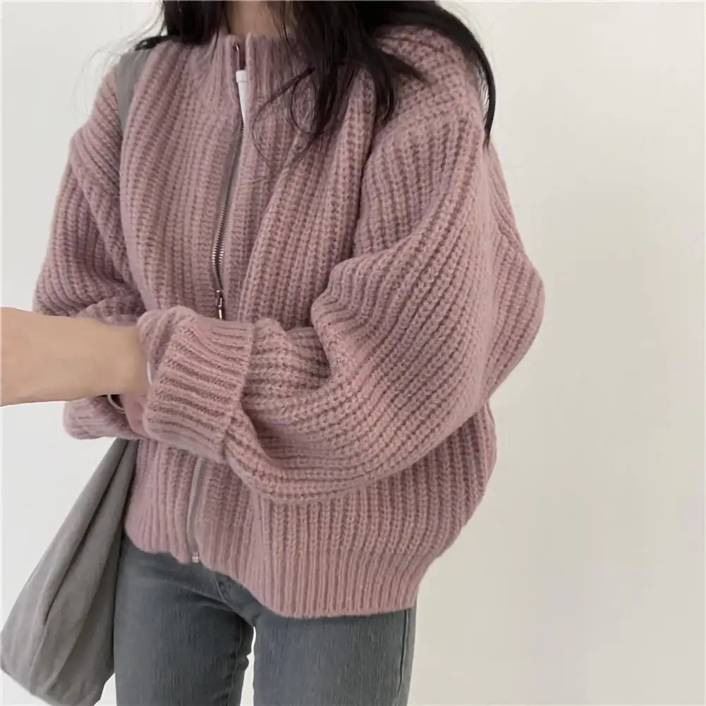 

Winter Solid Color Zipper Placket Cardigan Sweater Korean Fashion O-Neck Long Sleeves Thick Knitted Jacket Autumn Outerwear 가디건