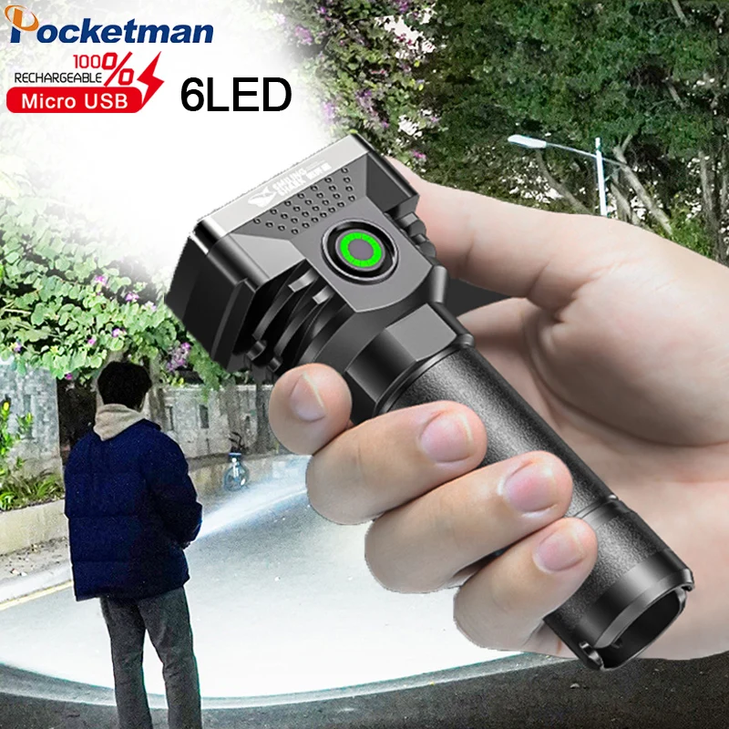 

Powerful 6 LED Flashlight 4 Lighting Modes USB Rechargeable Flashlights Waterproof Torch for Camping Hiking Patrol Emergency