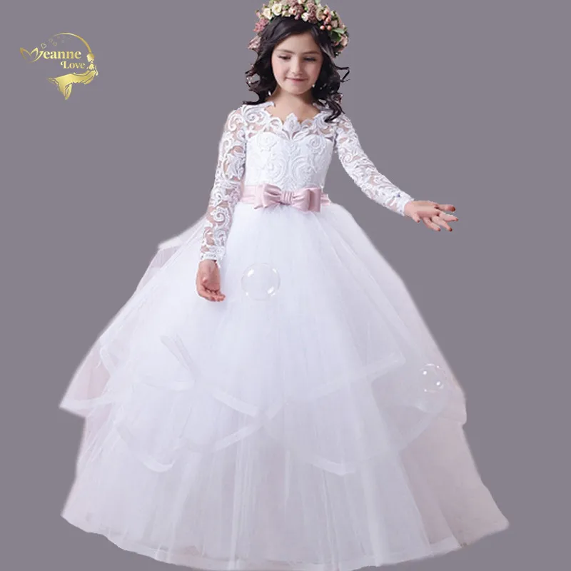 

robe demoiselle d'honneur fille First Communion Gift Glitz Pageant Dresses Long Sleeves With Bow and Buttons Girls Formal Dress