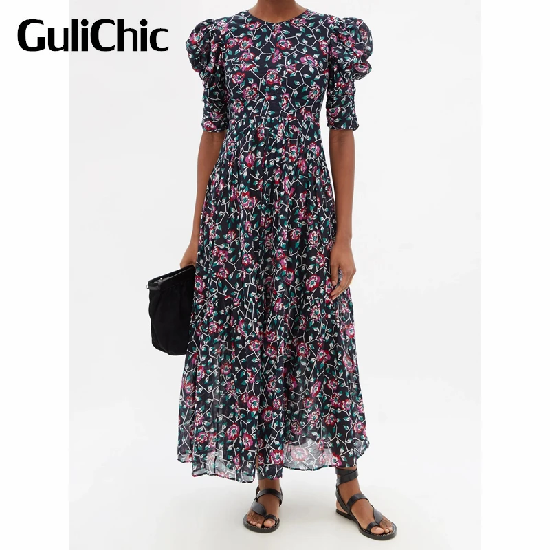 

4.7 GuliChic Fashion Temperament Sexy Backless Floral Print Puff Sleeve Collect Waist Long Dress Women