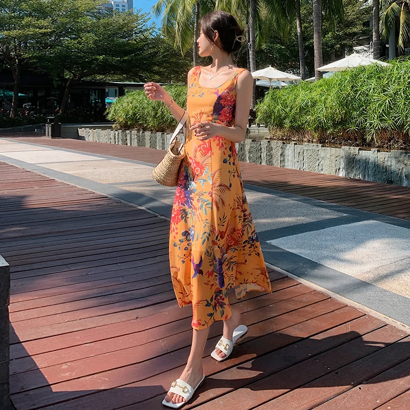 

2022 Beach Style Women's Long Dress Loose In Summer Printing Backless Sleeveless Chiffon Camisole Female Clothing A-LINE