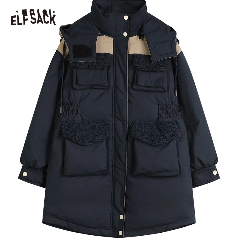 ELFSACK Detachable Hooded Warm Down Coats Women 2022 Winter Mid-length Cargo Coats