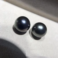 elegant pair of 14 15mm natural south sea genuine black round good luste loose pearl gemstone jewelry earring