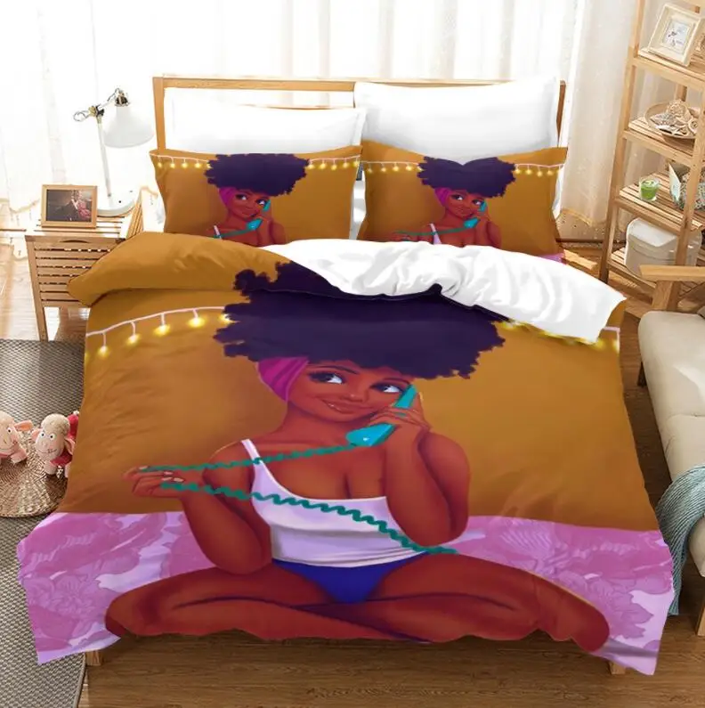 

Juego de ropa de cama con estampado 3D para niña africana, juego de funda nórdica con funda de almohada, ropa de cama doble,