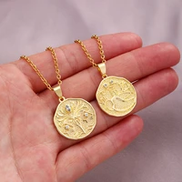 gold plated copper 12 constellation rhinestones pendant necklace for women men stainless steel chain choker jewelry gift