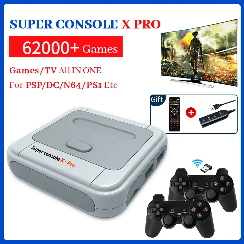 

Супер консоль X Pro ТВ Видео игровая консоль поддержка KODI TV выход Встроенные 50 имитаторов 62000 + игр для PSP/N64/DC