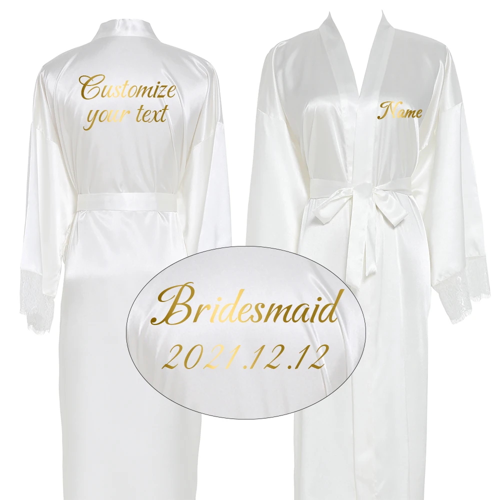 Women Sexy Long Large Plain Bride Kimono Silk Robe Satin Night Dress Wedding Bathrobe Lace Robe Ladies Gowns Custom Your Text