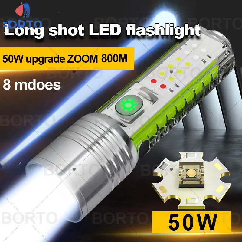 New 800LUX Most Powerful LED Flashlight 50W USB Recharge flash light Torch Light 800M High Power Flashlight Tactical Lantern