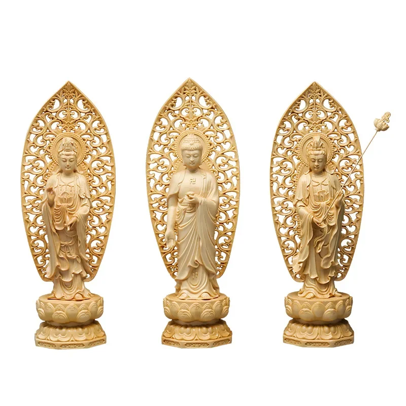 

Резьба по дереву, Гуаньинь, татагата, китайская статуя Будды, домашняя гостиная, украшения для дужек 22 см, набор из 3 предметов