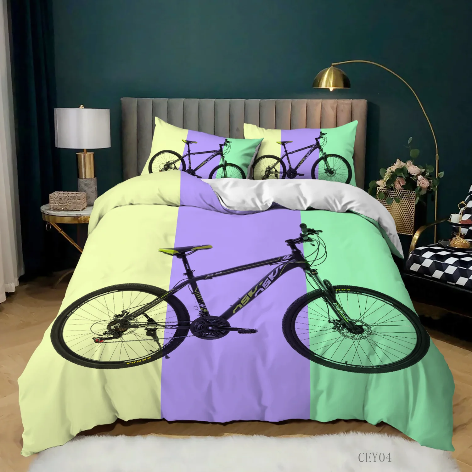 

Bicycle Duvet Cover King/Queen Size A Bike Sketch Artwork Quilt Cover Soft Polyester Yellow Purple Bedding Set 1/2 Pillowcases