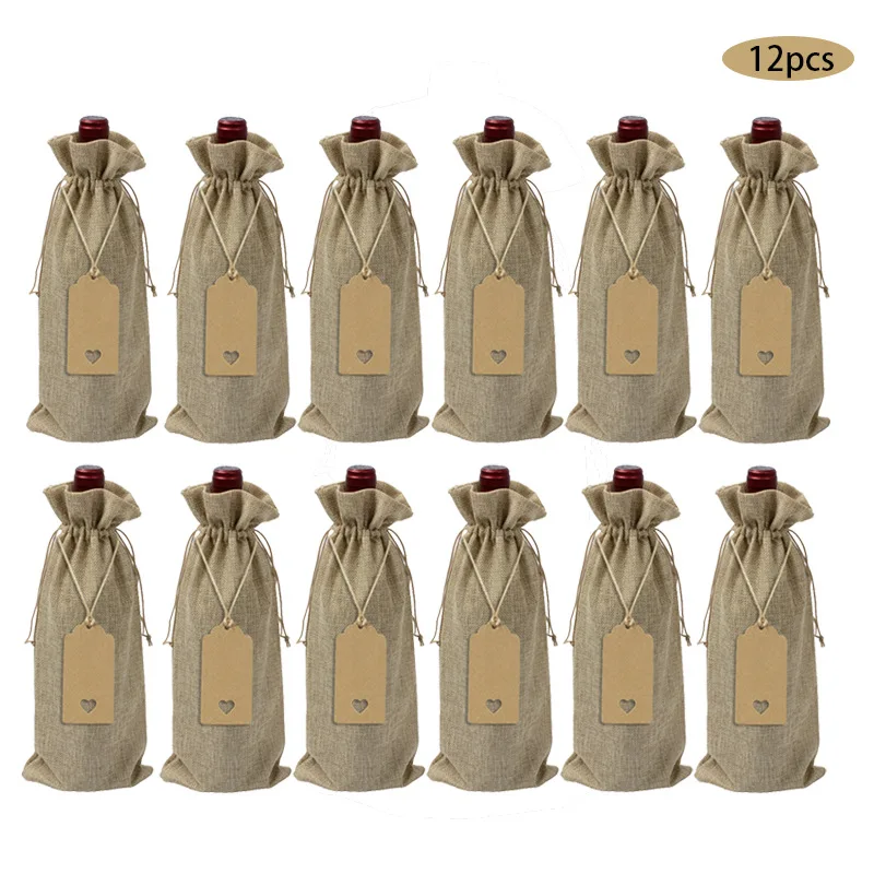 

12pcs Rustic Jute Burlap Wine Bags Drawstring Wine Bottle Covers Reusable Bottle Wrap Gift Package Wine Bags