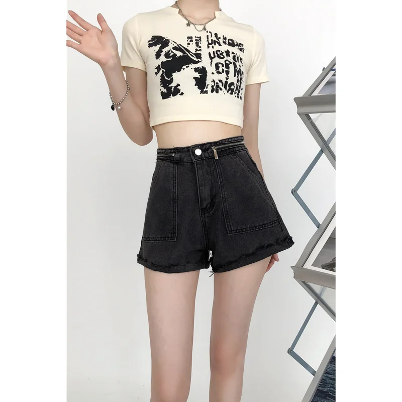 

Женские джинсовые шорты на молнии, черные и серые брюки с высокой талией в стиле Харадзюку, лето 2023