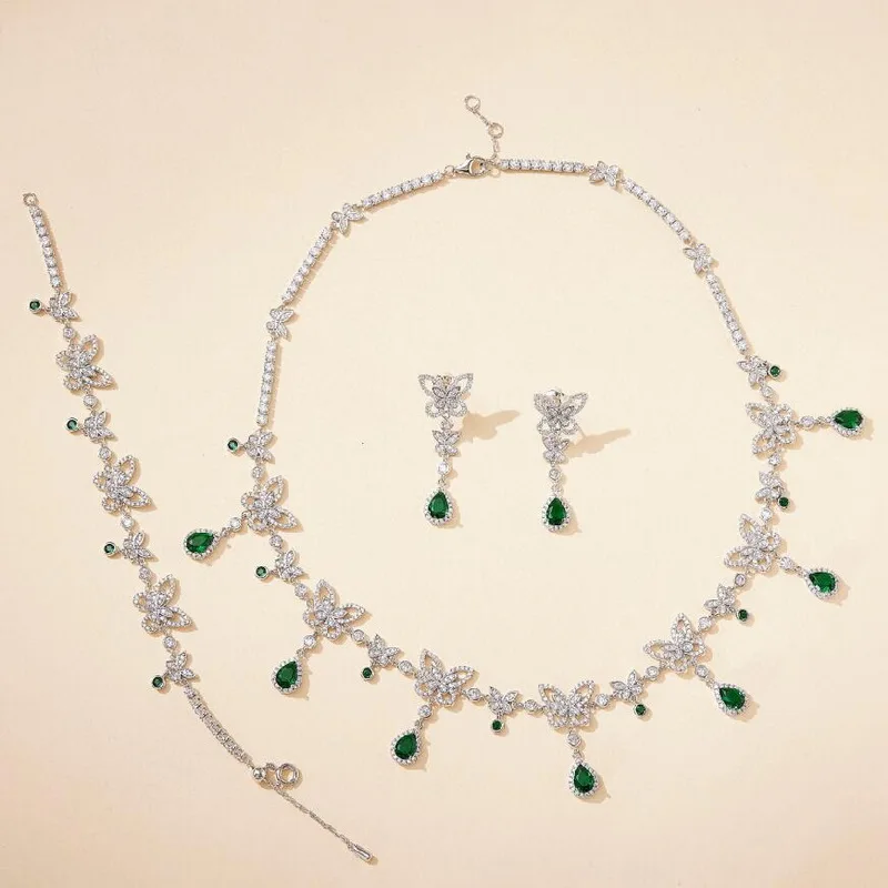 

Designer Collection High-end Jewelry Sets Women Lady Inlay Green Cubic Zircon Double Butterfly Bracelet Necklace Earrings