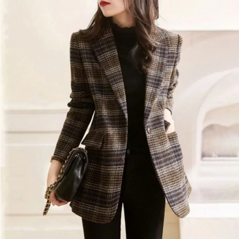 

Fall Winter British Style Vintage Woolen Slim Suit Jacket Women Lapel Long Sleeve Double-Breasted Large Size Coat Tops