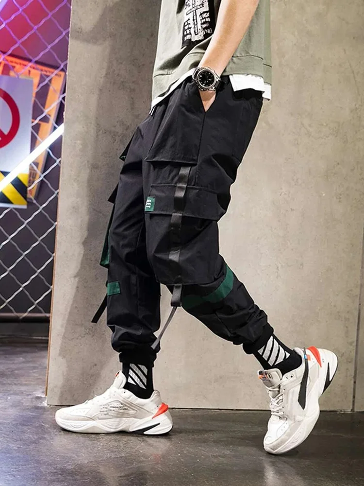 

Spring Summer Multi-Pockets Ribbon Cargo Pants Men Hip Hop Streetwear Black Joggers Male Breathable Casual Pants