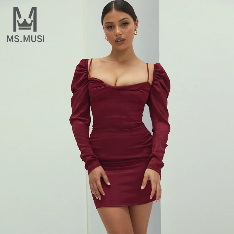 

Новинка 2023, модное женское сексуальное атласное мини-платье MSMUSI с открытыми плечами и длинным рукавом