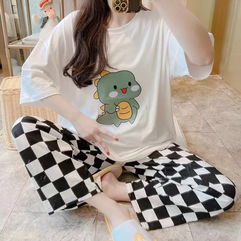 New Pajamas Summer Student Suit Short-sleeved Pants Plaid Pants Casual Comfortable Loose Large Size Korean Cartoon Home Wear