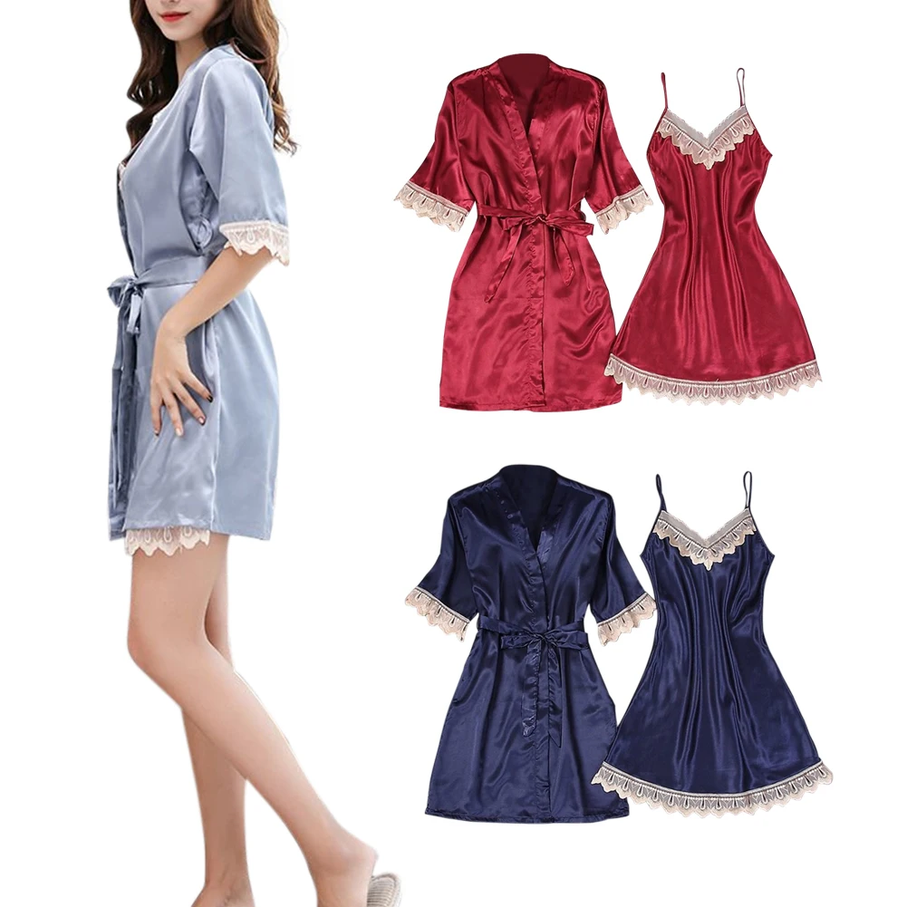 

2pcs/set Sexy Nightwear Spandex Home V Collar Self-cultivation Lingerie Erotic Sling Lace Robe Silk Satin Temptation