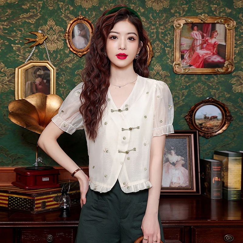 Женская летняя блузка с коротким рукавом и V-образным вырезом