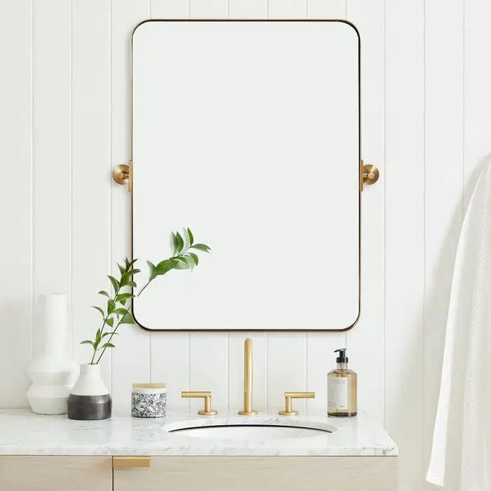 

x 36" Brushed Gold Metal Framed Pivot Rectangle Bathroom Mirror for , Tilting Rounded Corner Rectangular Vanity Mirror Hangs