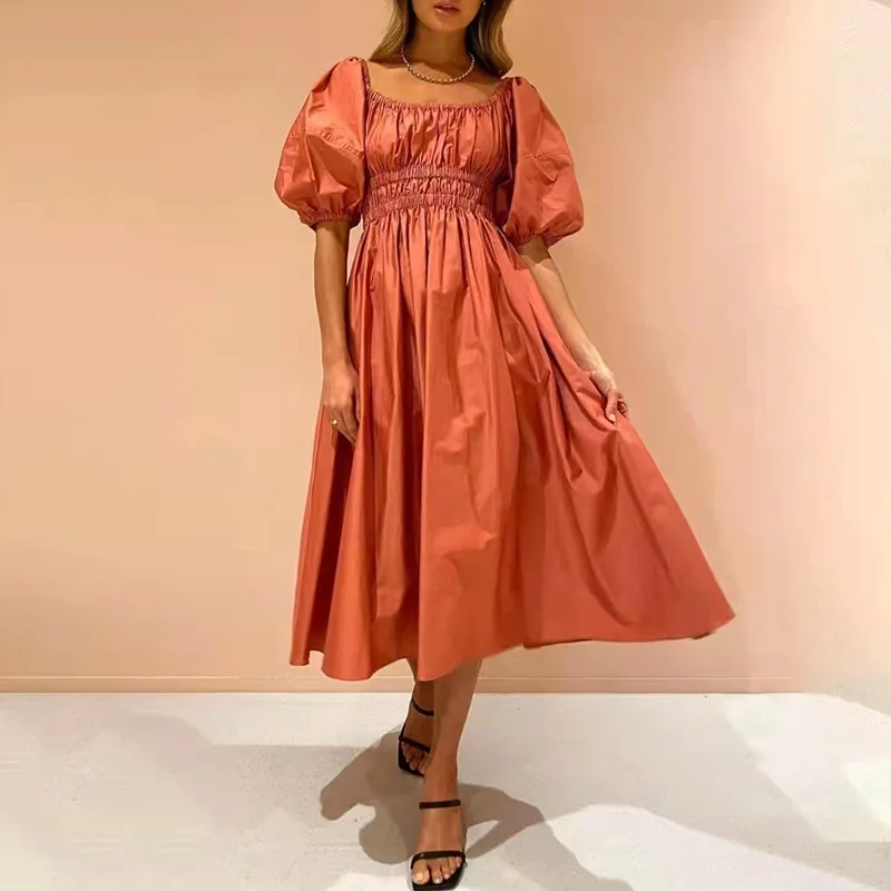 

Commuter style midi skirt 2022 spring and summer new square neck puff sleeve pleated elastic waist A-line dress