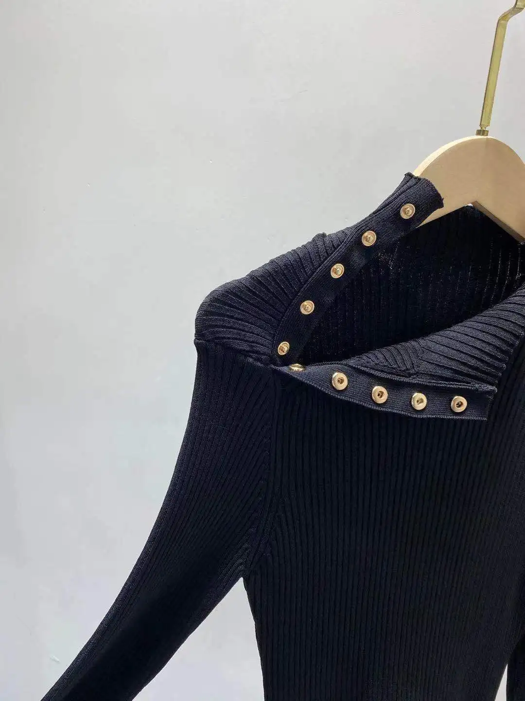 

Women Long Sleeve Knit Dress Metal Buttons 2021 Spring Summer Slim Waist Dress Half High Collar Midi Robe