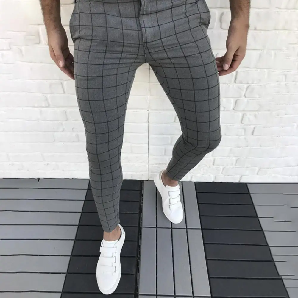 

Men Pencil Pants 2022 Plaid Full Length Streetwear Slim-fitting Mid-rise Pants for Spring Summer Autumn Winter