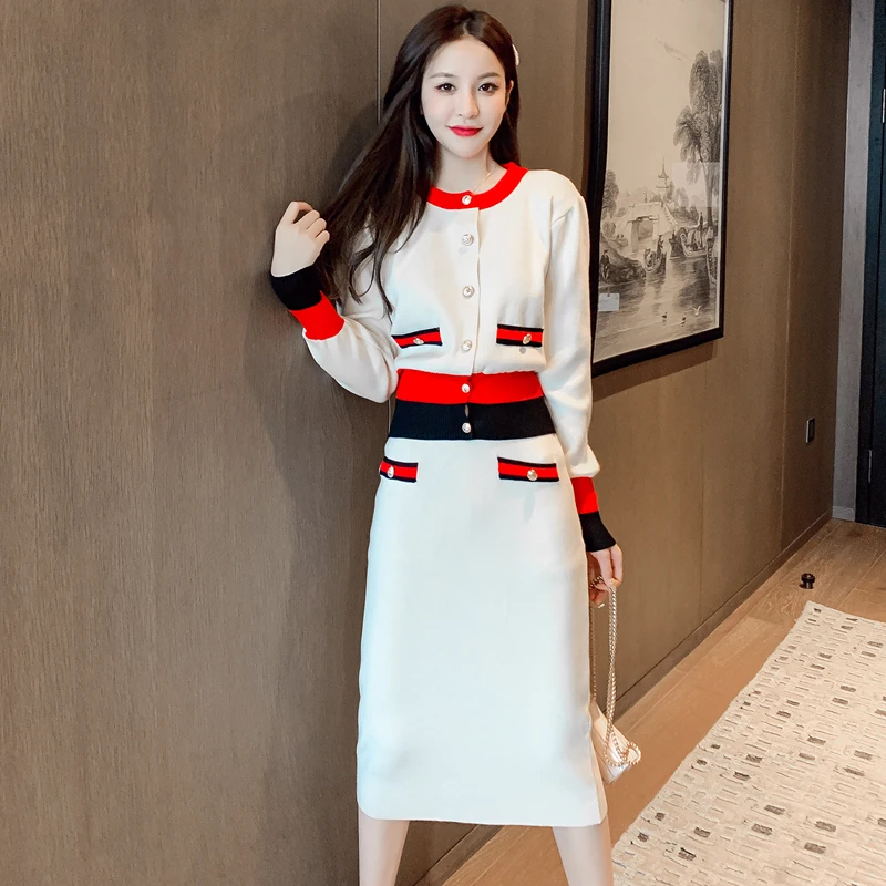 

Fall French Knitted Women's Luxury Small Fragrant Stitching Cardigan Sweater + High Quality Stripe Elegant Skirts Two Pieces Set