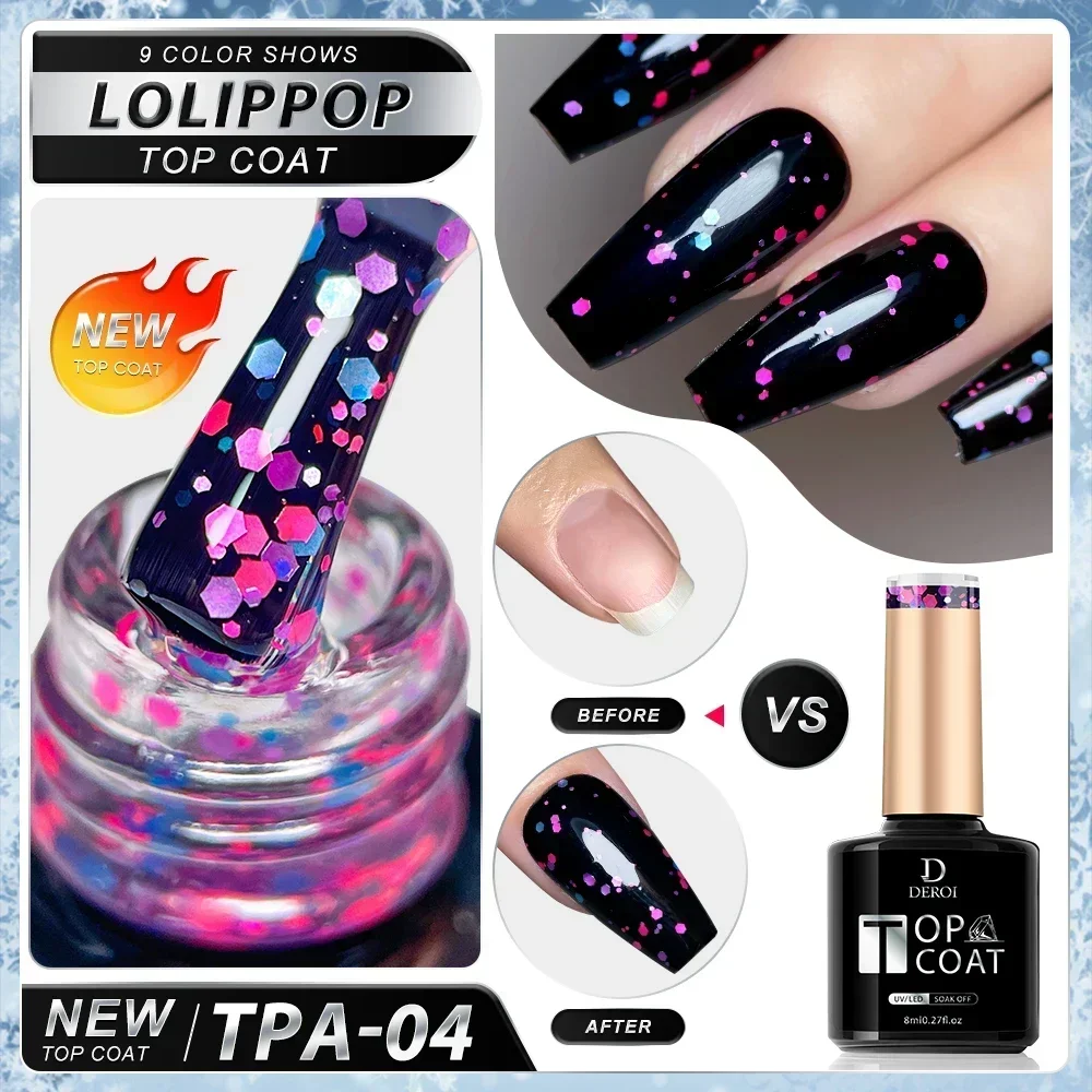DEROI No Wipe Gel Top Coat с желтыми блестками для маникюра Diamond Matte Topcoat Flash Glitter Nail Polish for Art Soak