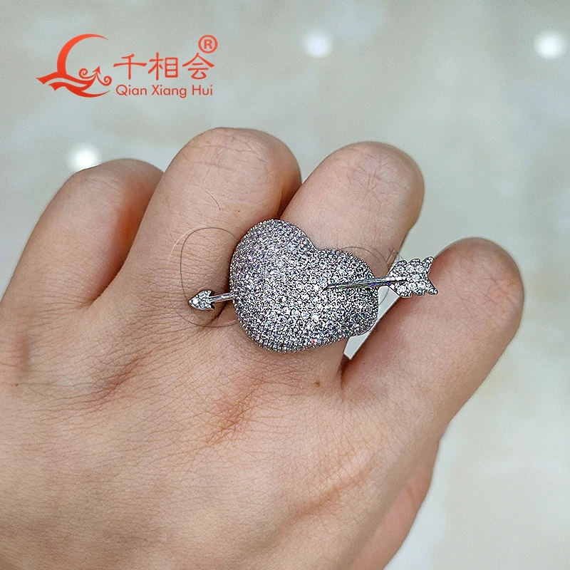 18mm Heart The Arrow Of Love Cupid's Arrow white moissanite ring S925 Silver hip hop women Men's Ring Luxury Style gift wedding