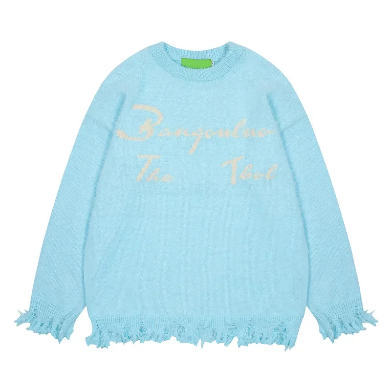 Vintage American Style Knitted Sweater For Couples Loose Fit Trendy Fall Winter Letter Kitty Hooded Top Casual Breakfast