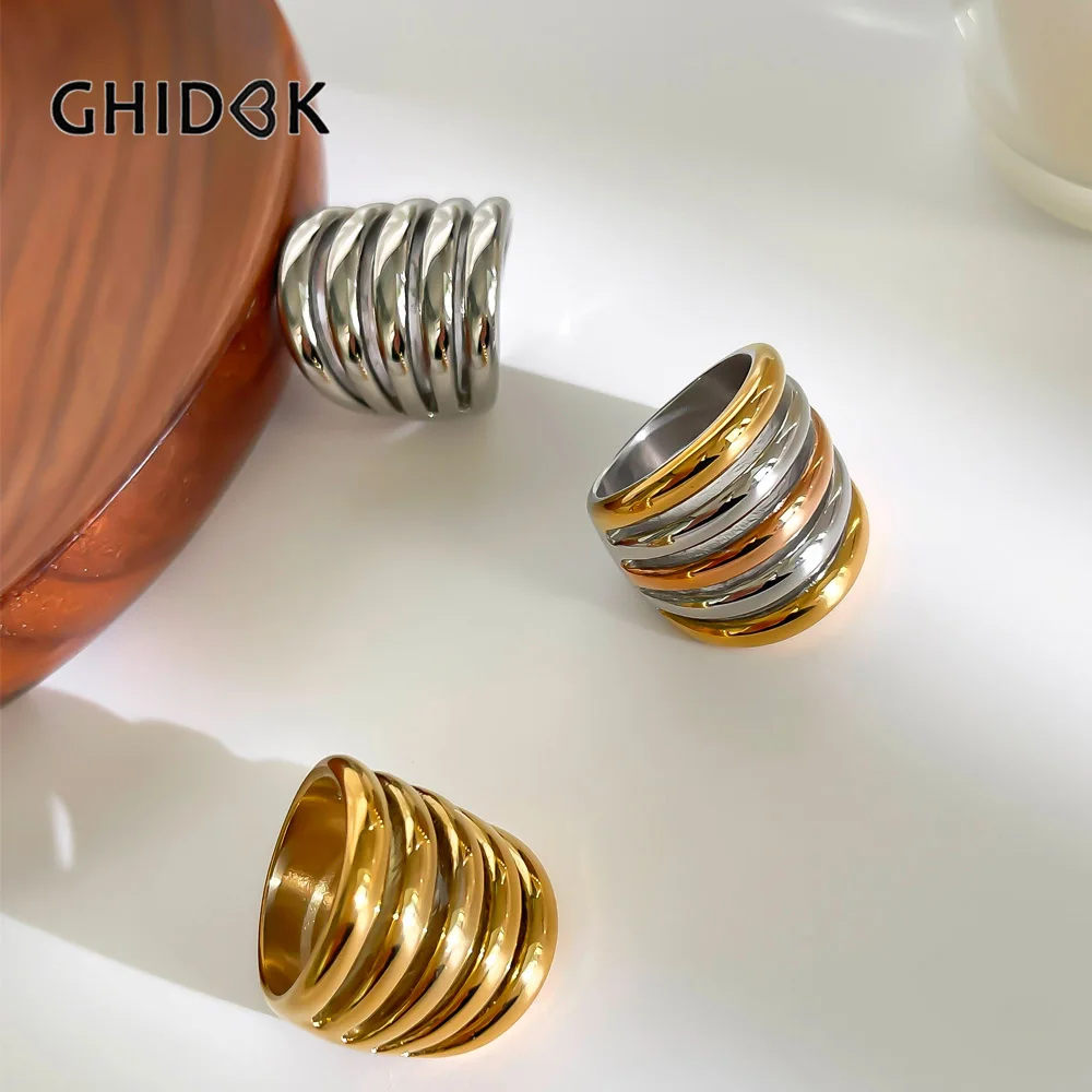 Фото GHIDBK европейско-американское модное полое многослойное широкое кольцо с металлической текстурой, водонепроницаемые ювелирные изделия, женские простые подарки из нержавеющей стали №1