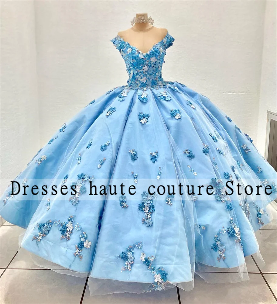 Купи 2022 New Arrival Blue Ball Gowns 3D Flower Quinceanera Dresses V-Neck Sweet 16 Dress Lace-Up Vestido De 15 Años за 12,300 рублей в магазине AliExpress