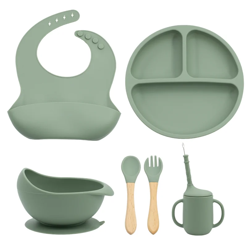 

7PCS/Set Baby Plates Bowl Set Food Grade Silicone Kitchenware Suction Children's Tableware Silicone Compartment Baby Dishes